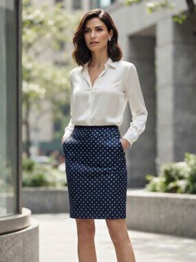 Ann Taylor Petite Siz 0 Navy Silver Polka Dot Knee Length Skirt Workwear Classic